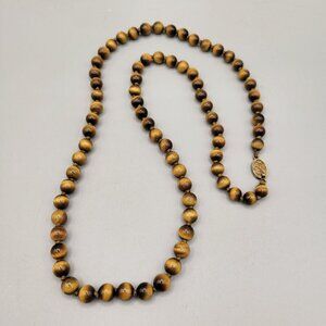 Tiger's Eye Stone Necklace Vintage Hand Knotted Silver Clasp